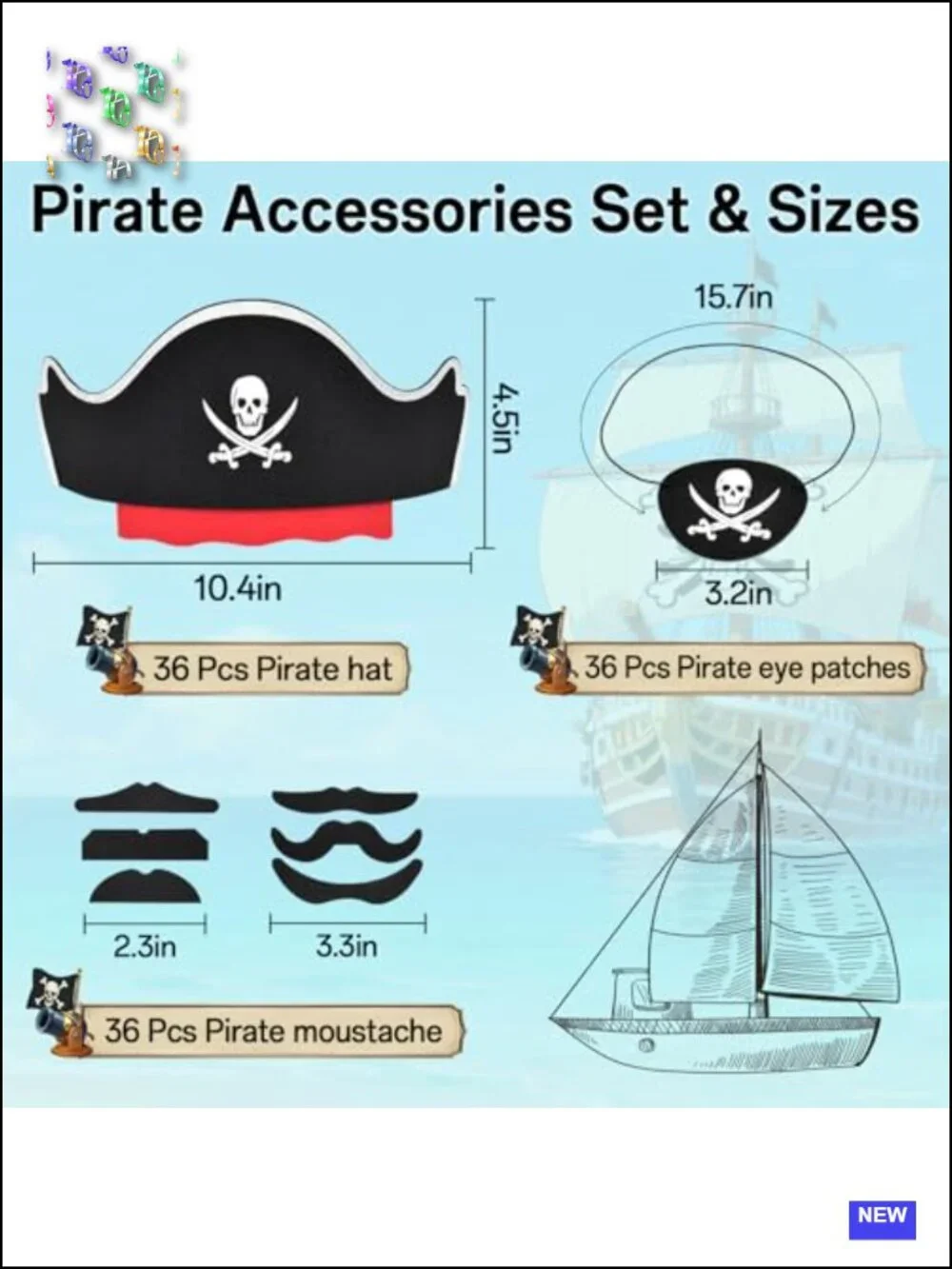 108 Pc Pirate Party Hat Set 36 Kids Eyepatches Mustaches Felt